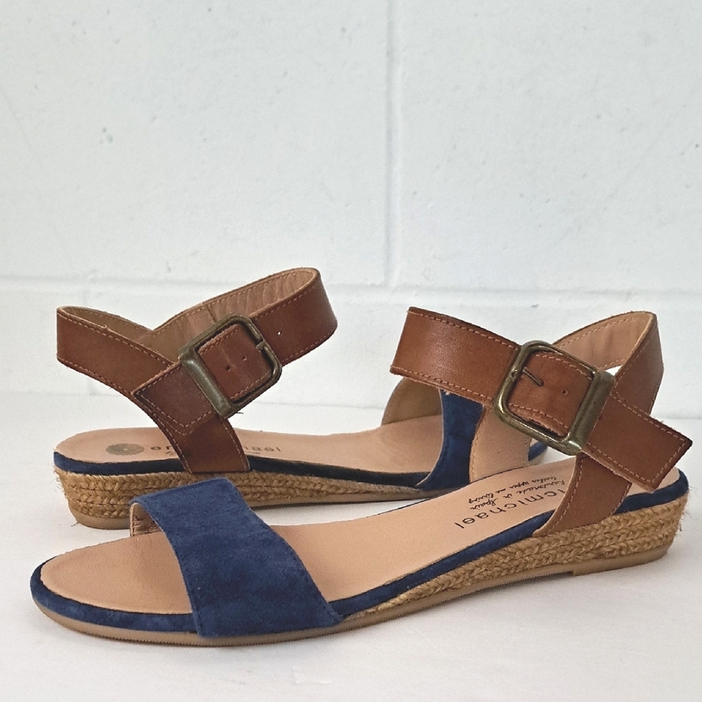 Eric Michael Amanda Blue Suede Brown Leather Ankle Strap Espadrille Sandals Sz40